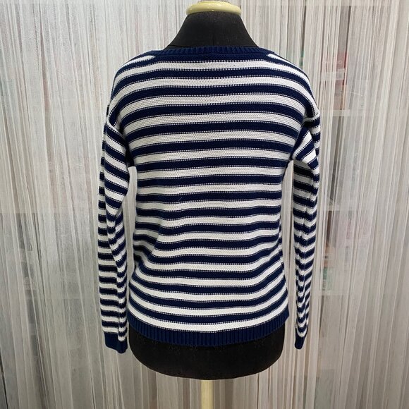 Garnet Hill Striped Sweater w/Button Decoration Size Small Nautical Navy White - Picture 4 of 12